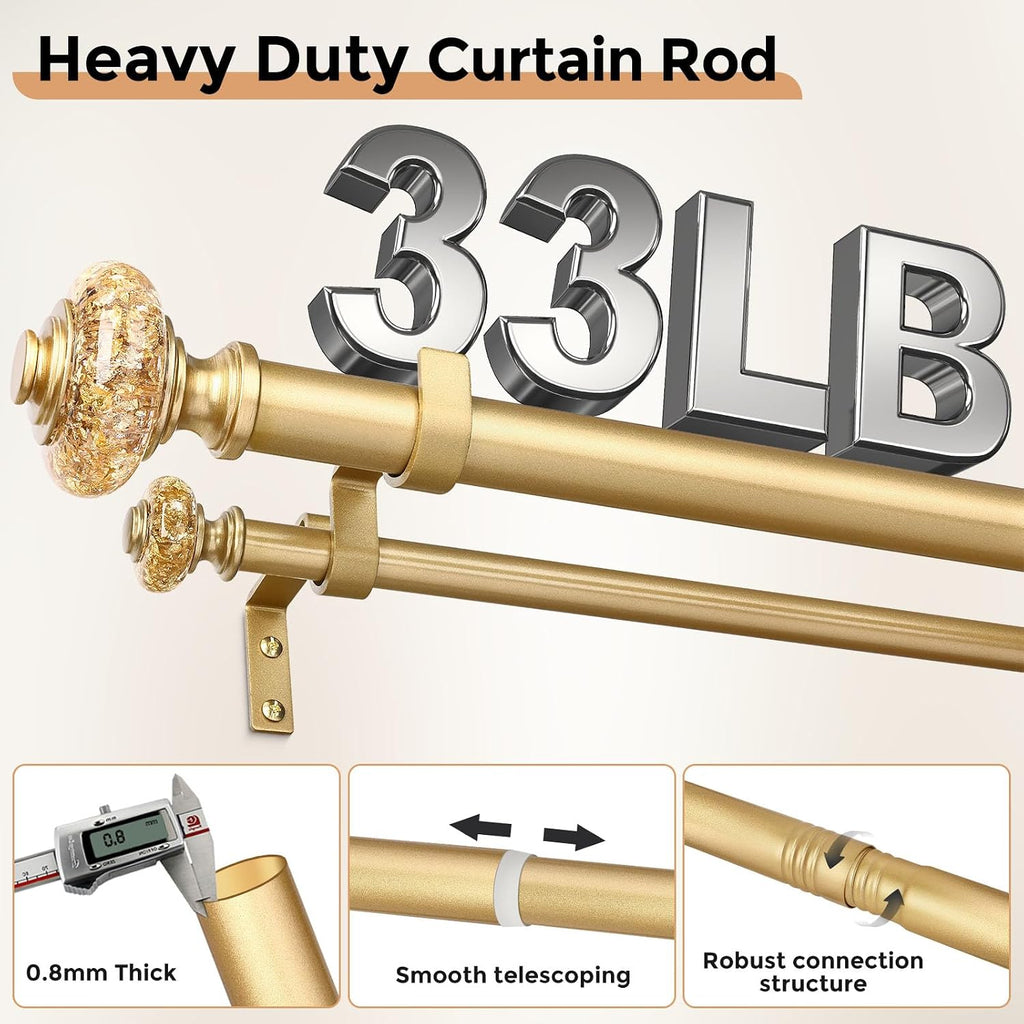 Gold Double Curtain Rod, 1 Inch Adjustable Decorative Crystal Dual Curtain Rod, Heavy Duty Vintage
