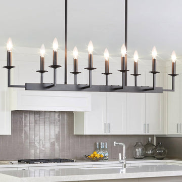 Rustic Black Linear Chandelier,Extra Long Candle Chandelier,Black Light Fixture Living Room Kitchen Island