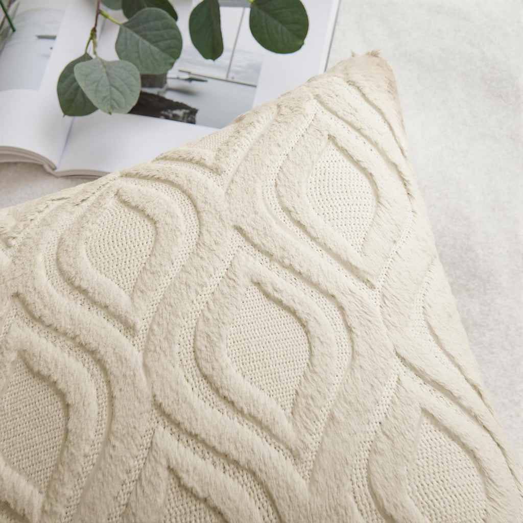 Beige Throw Pillow Covers 18x18 Inch, Neutral Soft Plush Faux Wool Solid Couch Pillows Set of 2, Decorative Farmhouse