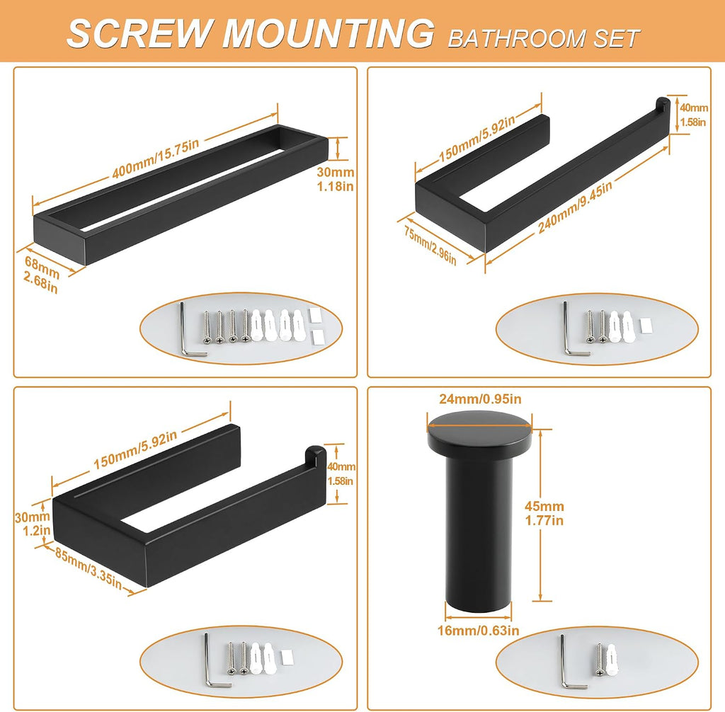7-Piece Bathroom Hardware Set Black, Includes 16 Inch Towel Bar, Towel Ring, Toilet Paper Holder & 4Pcs Coat Hooks