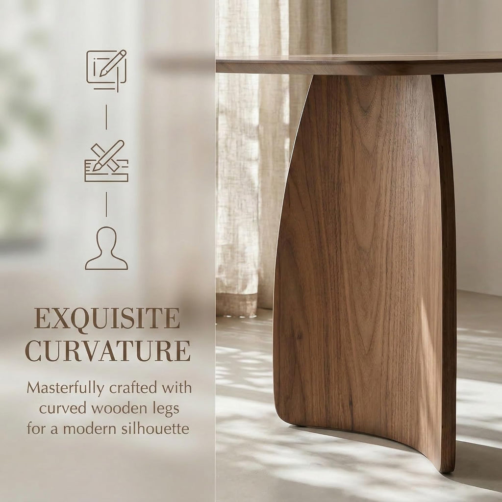 70 Inch Large Dining Table for 6-8 People, Solid Wood Kitchen Table with Curved Wooden Legs, Mid Century Modern