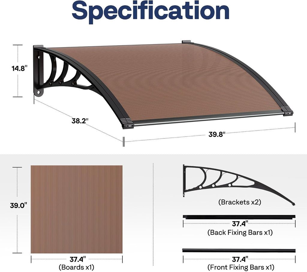 Polycarbonate Window Door Awning Canopy Brown with Black Bracket 38 Inch x 40 Inch