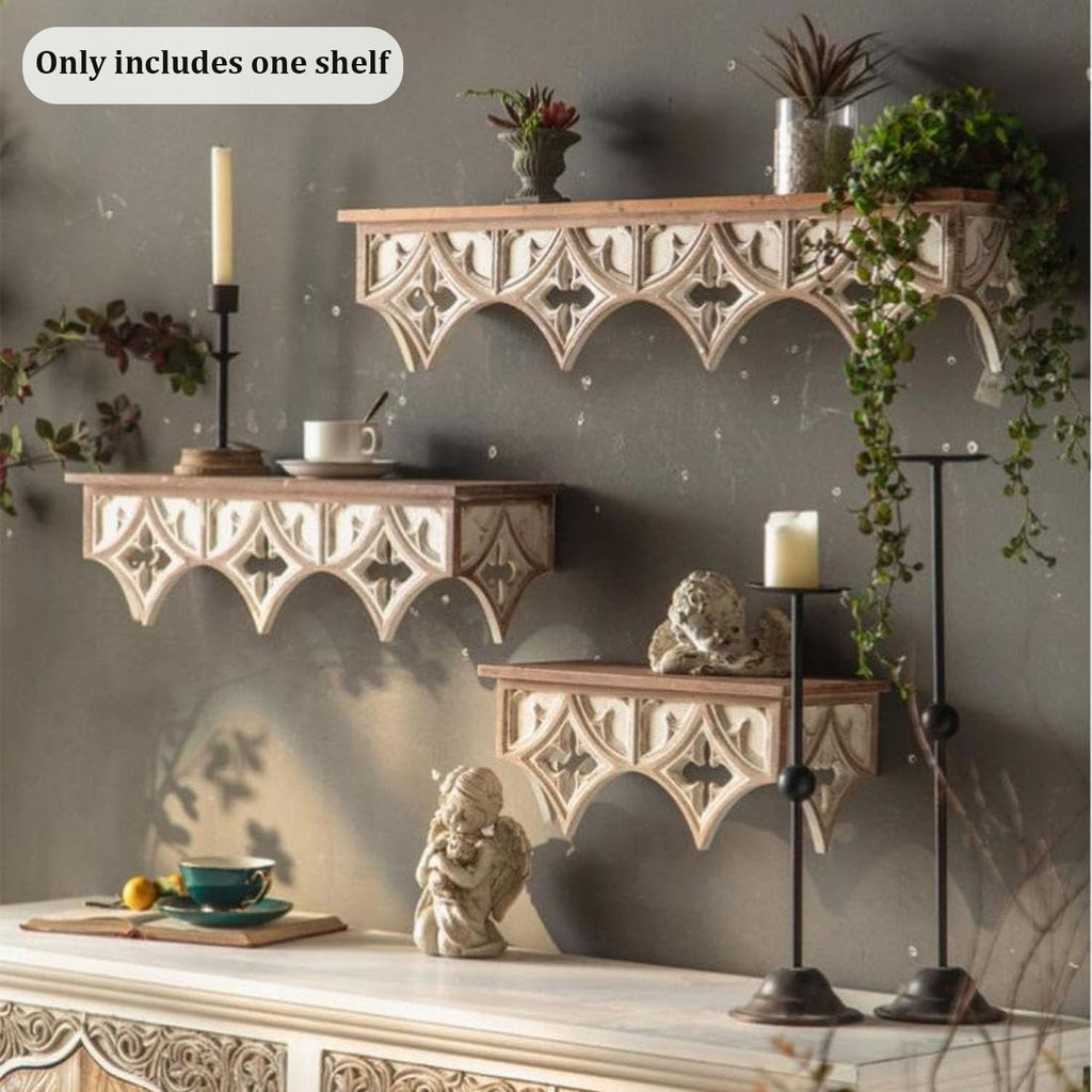 Retro Wall Shelf with Hollow Carving Patterns, Wood Floating Shelf Decorative Wall Mounted Shelf Vintage Hanging