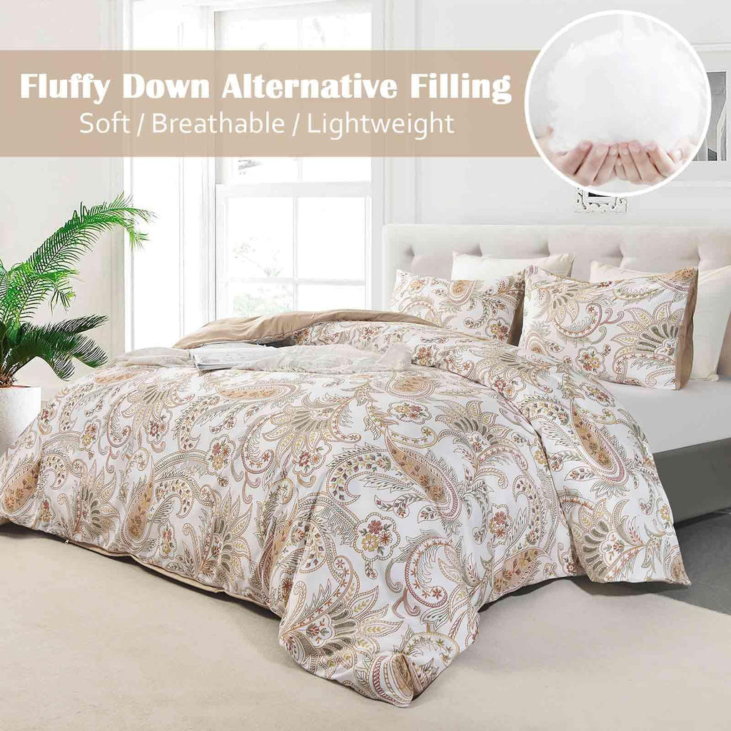 Paisley Comforter Set Queen Size 3 Pcs, Tan Taupe Classy Boho Damask Printed Pattern Soft Microfiber Alternative