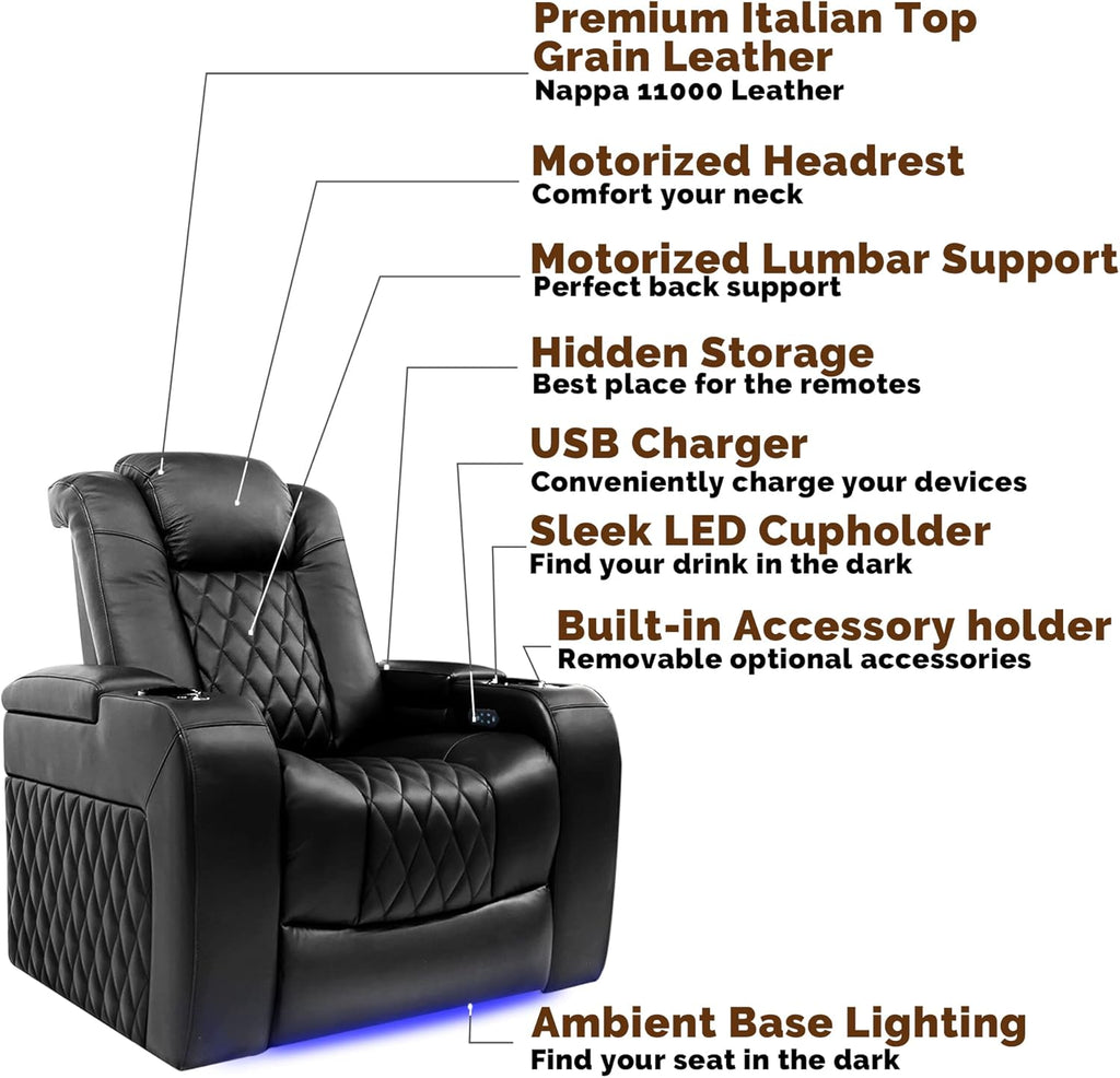 Tuscany XL Big & Tall Theater Seating - 400lb Capacity, Extra 26" Wide Power Recliner with Italian Leather