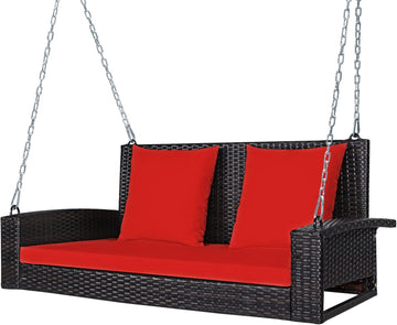 2-Person Wicker Porch Swing, Patiojoy Outdoor Rattan Hanging Swing Bench W/ 2 Back Cushions & 1 Seat Cushion, Sturdy
