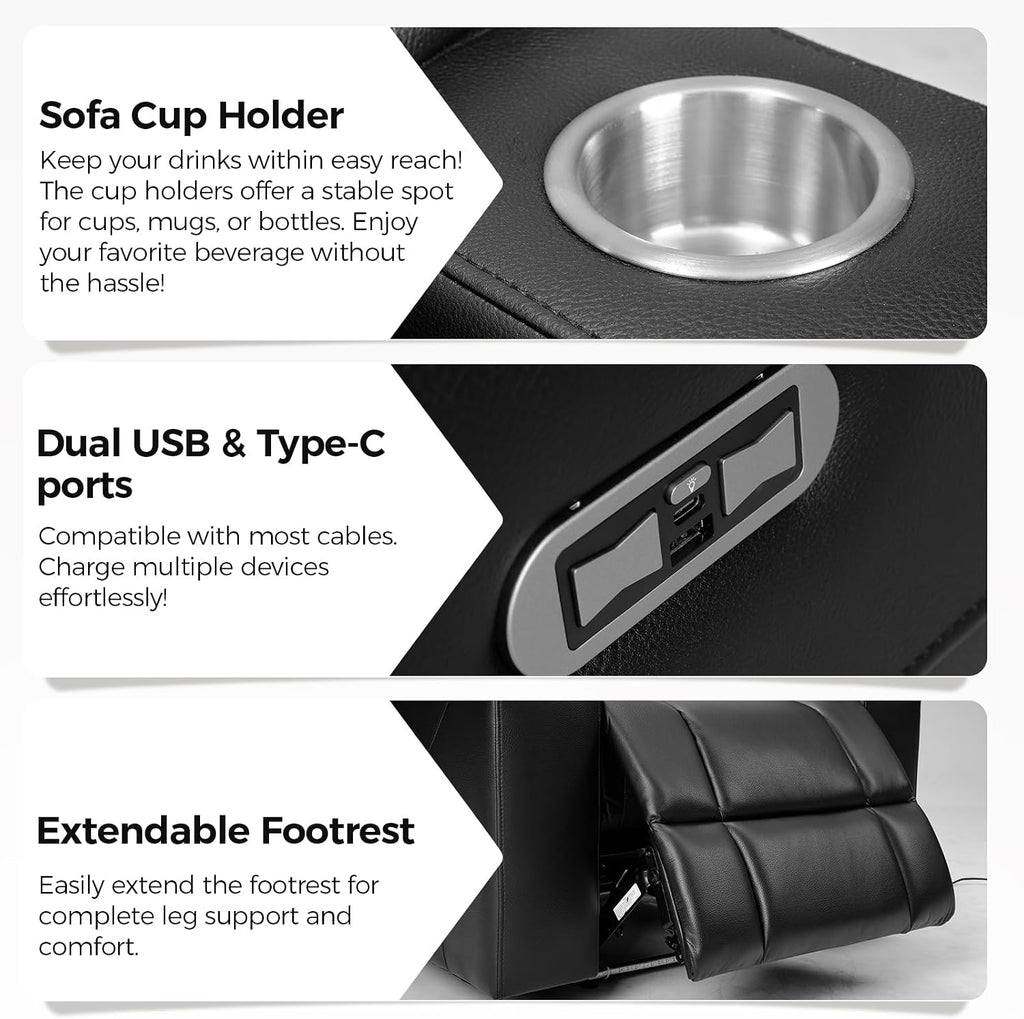 Power Home Theater Seating, Set of 2 PU Leather Electric Recliner Chair with USB Tape-C Ports, LED Light