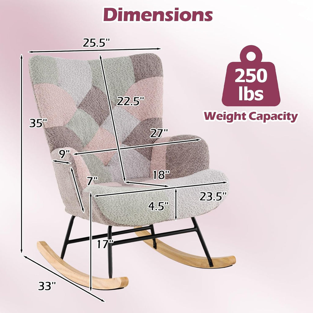 Rocking Chair Nursery, Boucle Upholstered Glider Rocker w/Ergonomic High Backrest, Rubber Wood Legs & Side Pocket