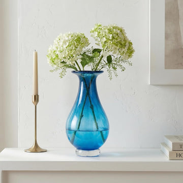 Blue Glass Vase, Hand Blown Wide Mouth Art Glass Vase, Murano Style Decorative Flower Vase Decor, Mantel, Dining
