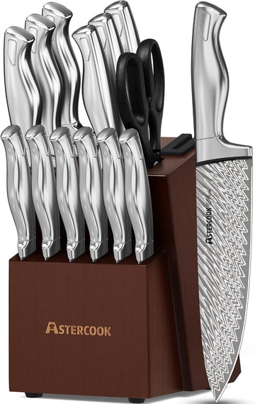 Knife Set, 15-Piece Kitchen Knife Set with Block, Built-in Knife Sharpener, German Stainless Steel Knife Block Set
