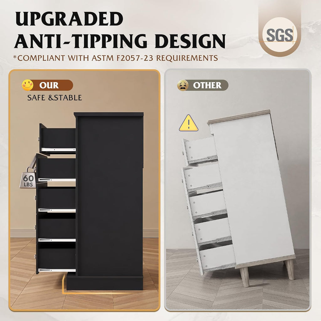 5 Drawer Dresser, 45" Tall Dresser with Exclusive Anti-Tip Structure, Modern Chest of Drawers with Large Capacity