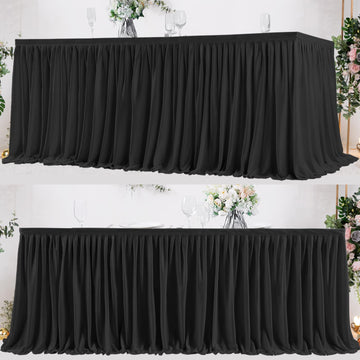 Black Polyester Table Skirt for Rectangle Tables 8ft, Wrinkle Resistant Pleated Ruffle Table Cloth for Banquet