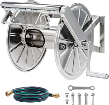 Stainless Steel Garden Hose Reel Heavy Duty, Wall Mount Water Hose Holder, 150 Feet of 5/8 Inch Hoses Capacity, Hose