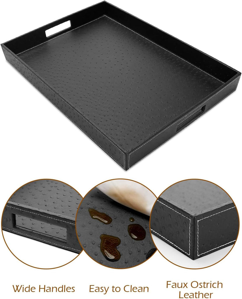 Serving Tray with Handles, 20 x 16 Inch Candle Holder Tray for Ottoman Coffee Table, Breakfast, Decorative Black Tray