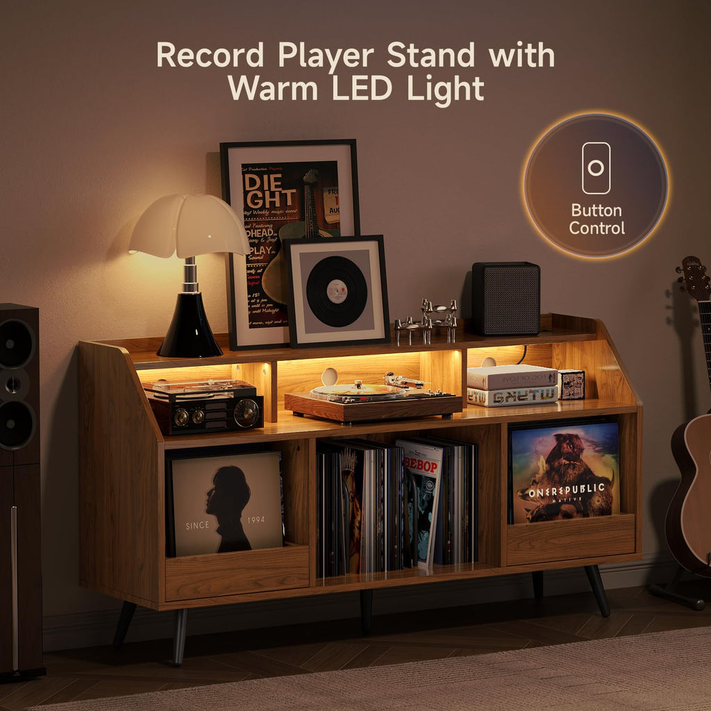 55 Inch Record Player Stand with LED Light, Walnut