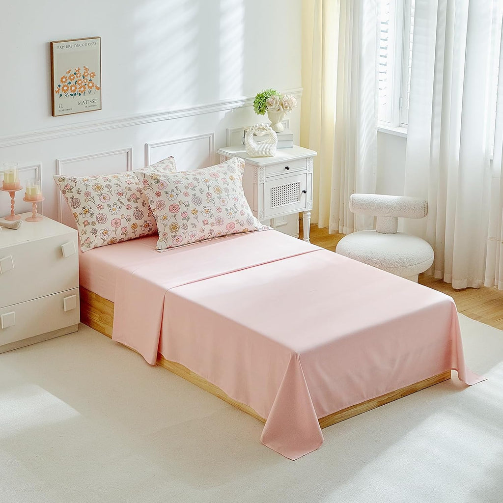 Floral Twin Comforter Set,5 Pieces Twin Bedding Set for Girls,Twin Bed in a Bag, All Season Kids Sheet Set with Comforter, Flat Sheet, Fitted Sheet, Pillowcase and Pillow Sham-Pink Floral
