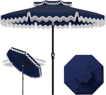 9ft Patio Umbrella with Fringe Tassels, Wind-Resistant Fiberglass Ribs - Navy
