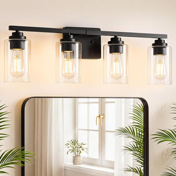 Black 4 Lights Bathroom Light Fixtures Over Mirror 27 Inches | Modern Vanity Lights Over Mirror with Clear Glass