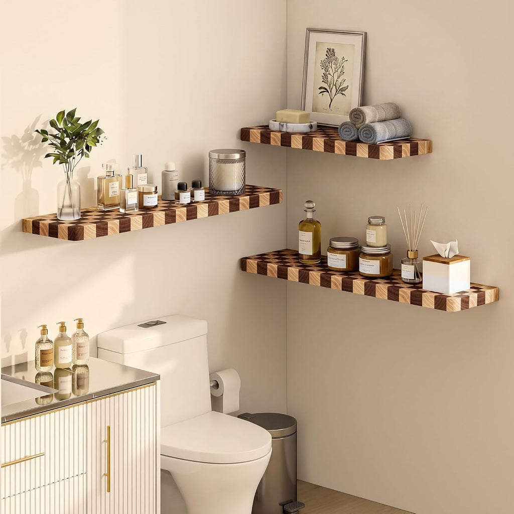 Floating Shelves for Wall, Solid Checkered Wood Wall Shelves 16 Inch | Heavy-Duty, Invisible Bracket, Solid Wood