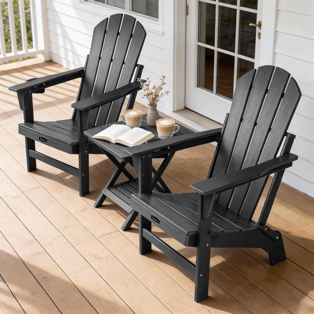 Folding Adirondack Chairs Set of 4, Fire Pit Chairs with Cupholder | Wood-Grain, Stable Gun-Leg, HDPE All Weather, No