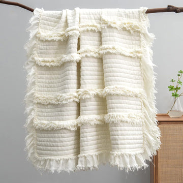 Ultra Soft Pre-Washed Warm Quilted Throw Blanket, Ruffle Fringed Cream Boho Decorative Throw, Stone Washed Chic