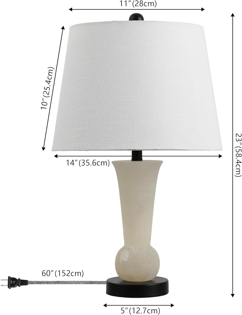 23" Natural/Black Natural White Alabaster Table Lamp with Crystal Base, Modern Nightstand Lamp with White Linen Shade
