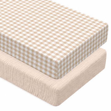 2 Pcs Muslin Khaki and Khaki Gingham Crib Sheets Netural, 52"X 28"