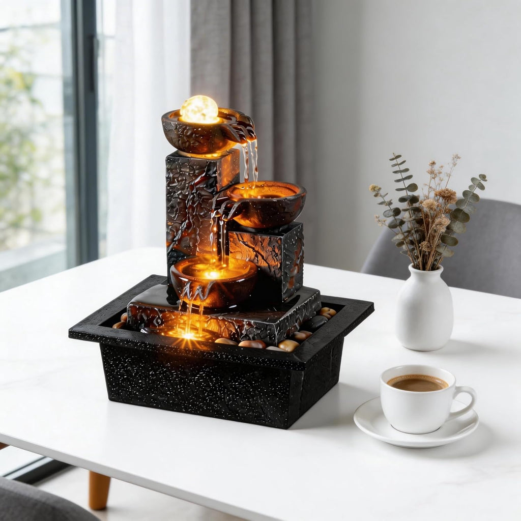 Three Bowls with Rotating Ball Flowing Tabletop Fountain Home Décor Indoor Decor Waterfall Sound Zen Mini Fountain