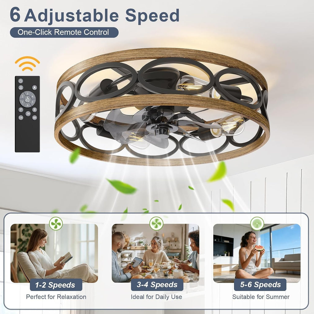 20" Ceiling Fans with Lights and Remote, 6 Wind Speeds 3 Timing Quiet Flush Mount Low Profile Caged Ceiling Fan