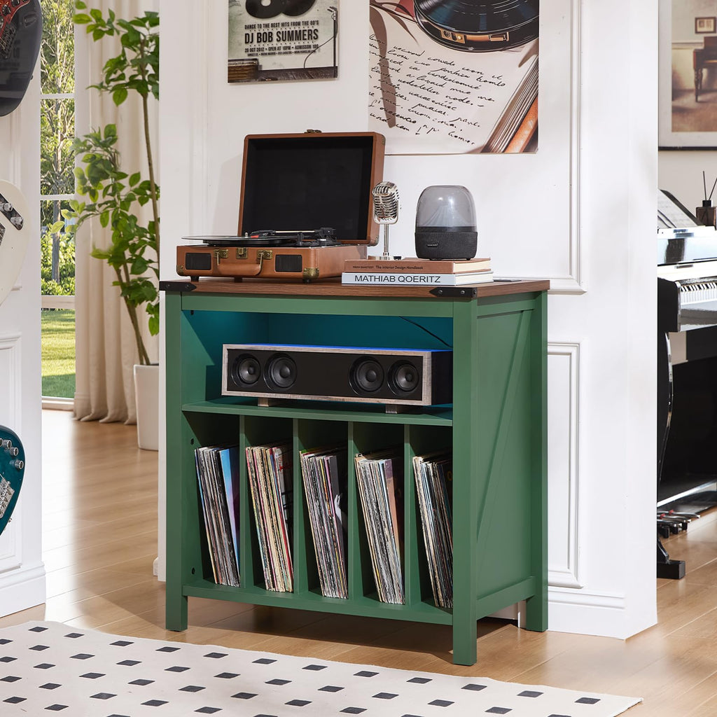 Large Record Player Table with Charger Station & LED Lights, Vinyl Record Storage Player Table up to 230 Albums