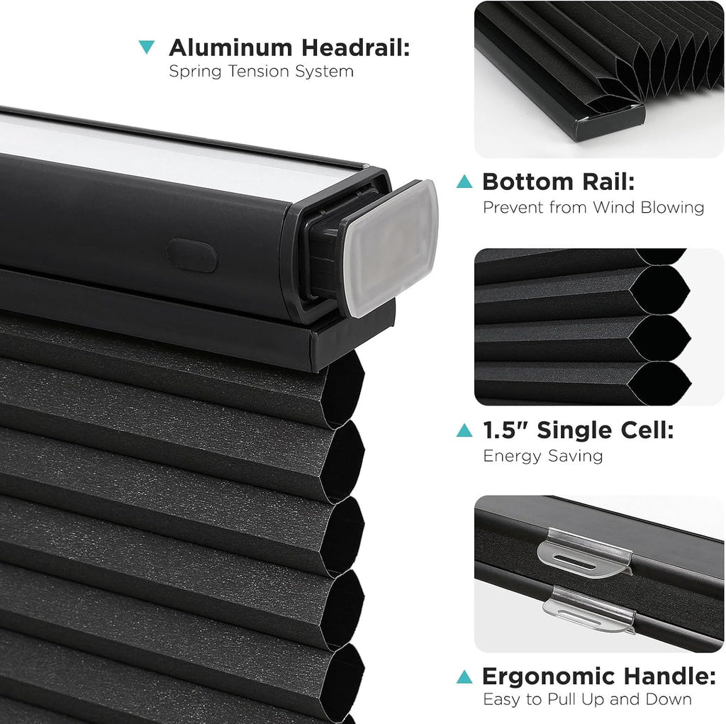 No Drill Blackout Cordless Cellular Shades, 34" W x 64" H, Black