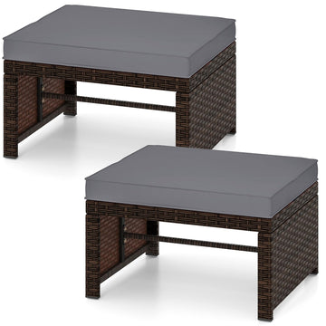 2 Pieces Patio Rattan Ottomans, All Weather Outdoor Footstool Footrest Seat with Soft Cushion, Hidden Zipper