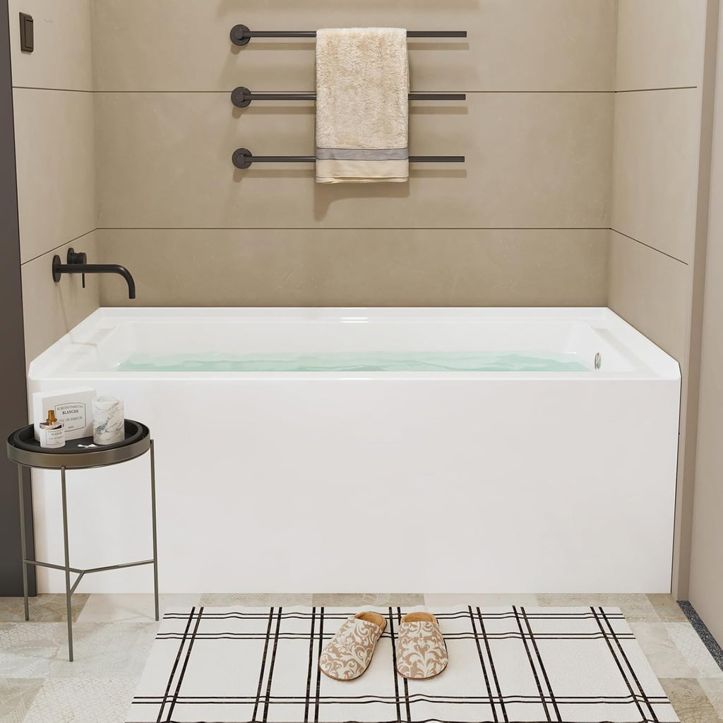 Acrylic Alcove Bathtub 60x30 Inch Rectangular Soaking Tub with Integral Apron Front, Right Drain Glossy White Brushed
