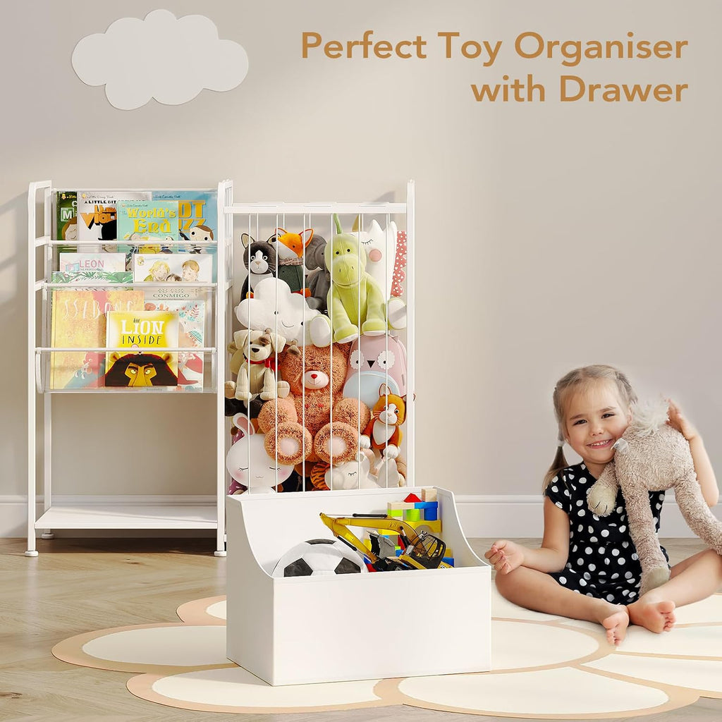 Kids Bookshelf and Stuffed Animal Storage - Multi-Function Nursery Book Shelves with Leather Toy Box and PVC Book