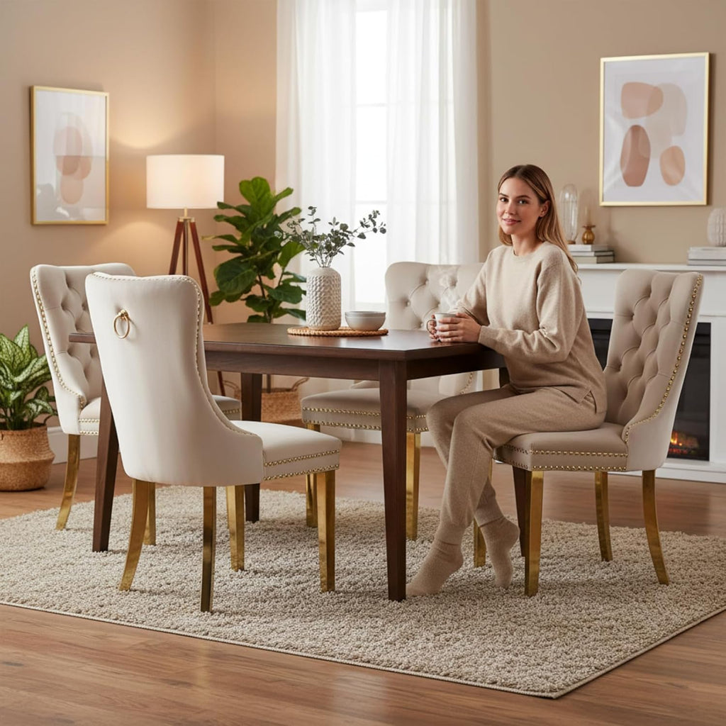 Mid Century Modern Dining Chairs Set of 4, Beige Velvet Upholstered Tufted Back, Kitchen & Dining Room Chairs, Gold
