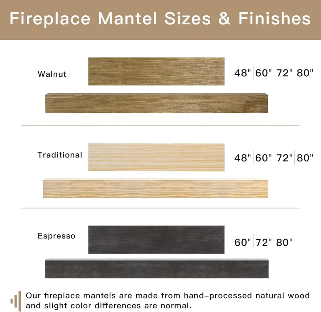 Shelf, 80" Handcrafted Solid Wood Floating Shelf for Over Fireplace - Rustic Farmhouse Wall-Mounted Mantel with