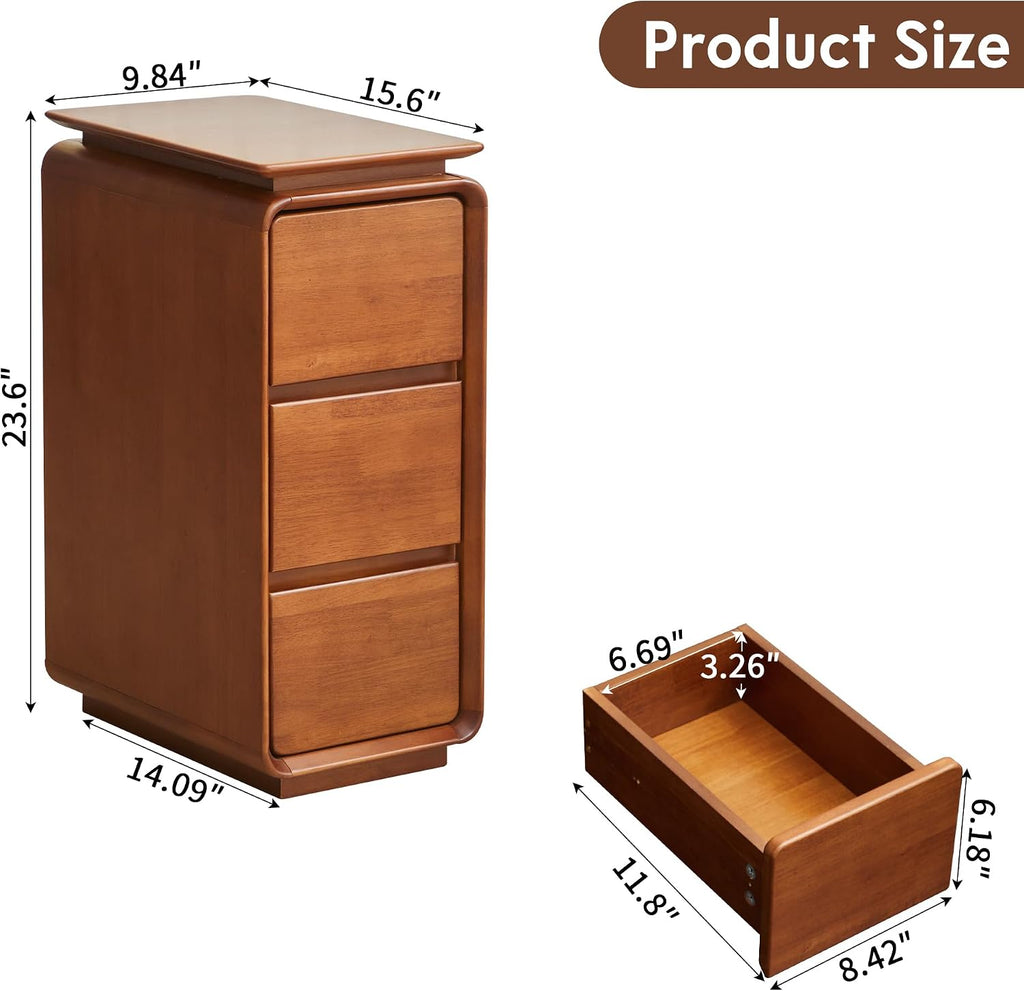 Solid Wood Nightstand, Fully Assembled Narrow Bedside Table with 3 Drawers & Hidden Handles, Mid-Century Modern End