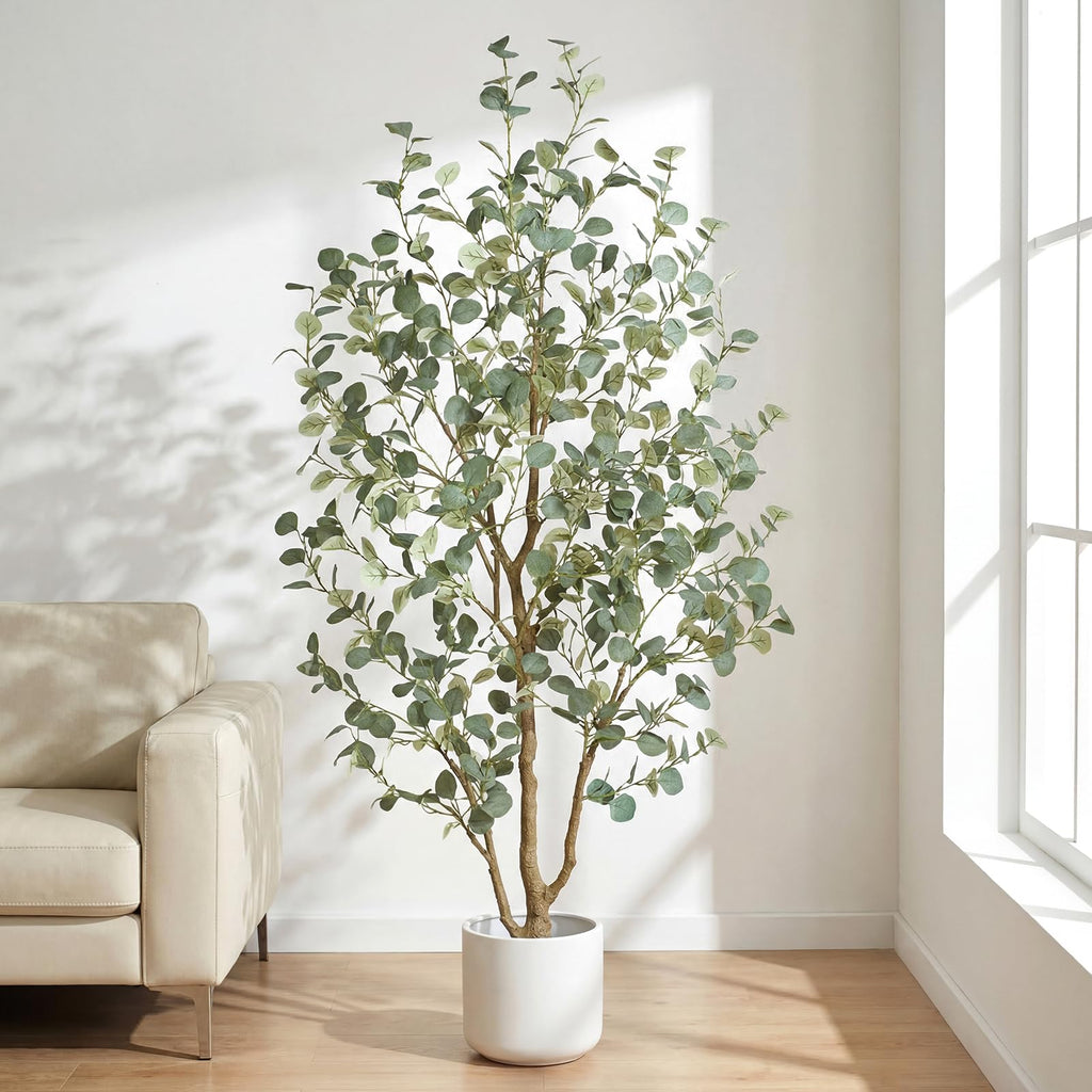 6FT Artificial Eucalyptus Tree Indoor, Faux Eucalyptus Tree with 636 Silk Leaves, Tall Fake Tree - Artificial Tree