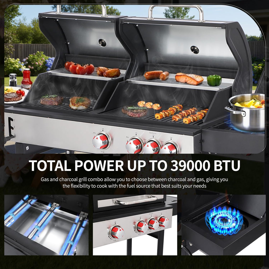 Propane and Charcoal Grill Combo with Side Burner, 41,500 BTU 2-in-1 Griddle Grill, 673 Sq. In. Cooking Area