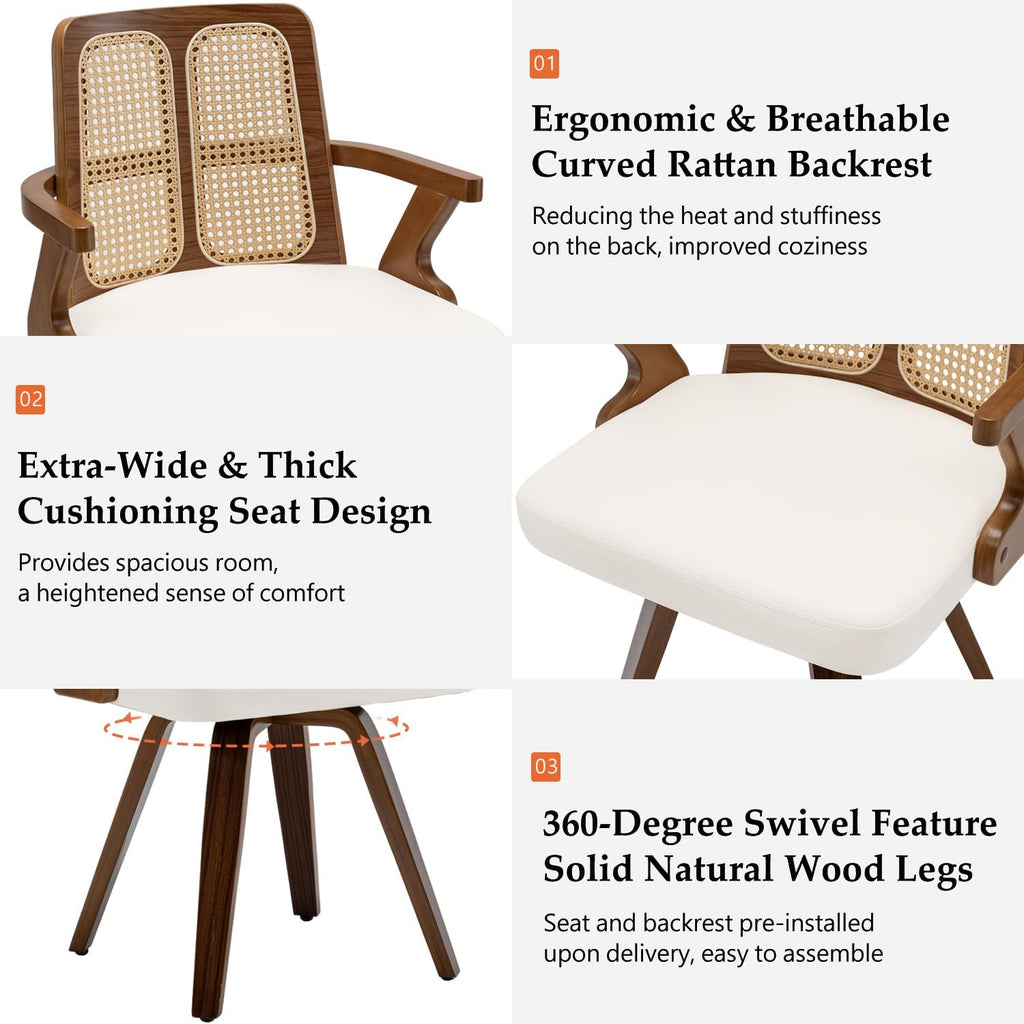 Walnut Dining Chairs - Swivel Rattan Dining Chairs with Bentwood Frame with Ergonomic Cane Back, Curved Arms, MCM