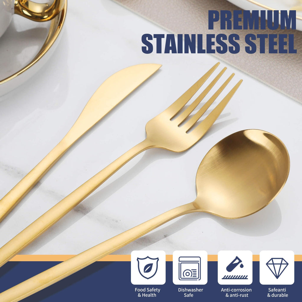 Matte Gold Silverware Set, 30 Piece Stainless Steel Modern Flatware Set, Brushed Cutlery Set Service for 6, Satin Finish