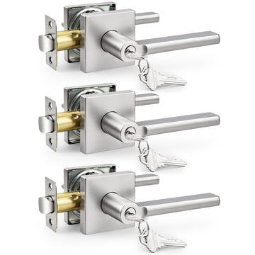 Brushed Nickel Keyed Entry Square Door Handle with Lock, 3 Pack Keyed Alike Heavy Duty Door Lever for Interior
