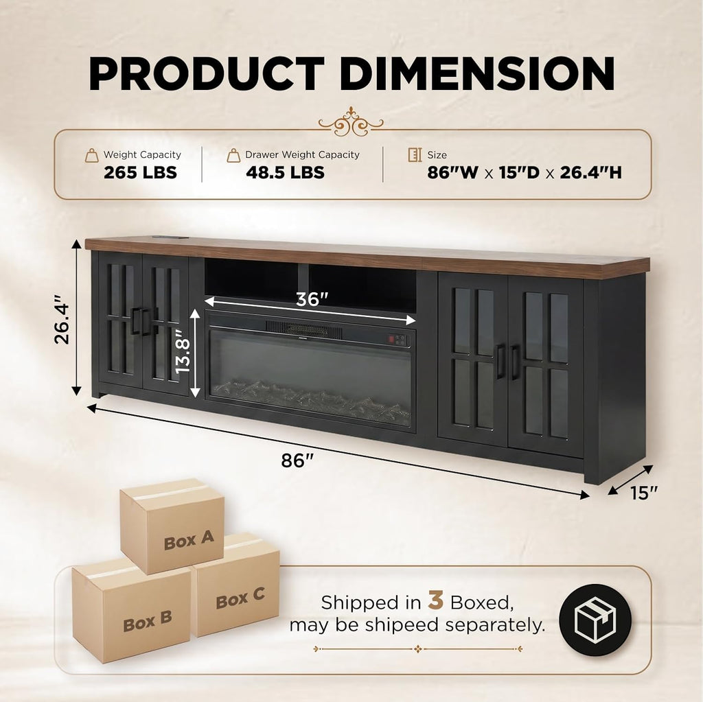 86" Solid Wood Fireplace TV Stand, Entertainment Center with 36" WI-FI Electric Fireplace,Modern TV Media Console