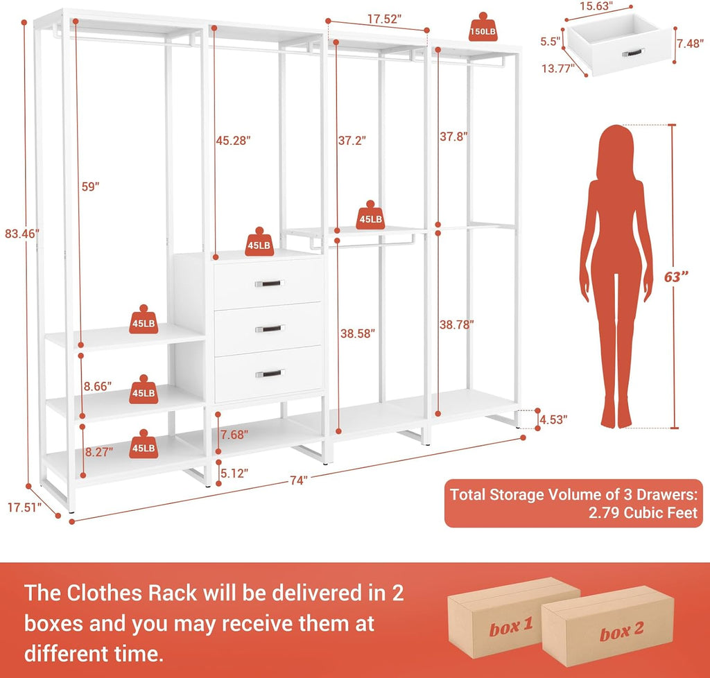 Wood Clothes Rack Wardrobe Closets for Hanging Clothes Heavy Duty Garment Rack, Large Corner L Shaped Closet System