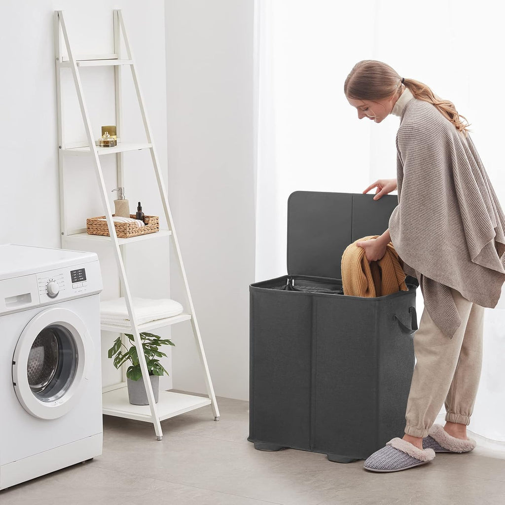 Double Laundry Hamper with Lid and Removable Laundry Bags, Large Collapsible 2 Dividers Dirty Clothes Basket with