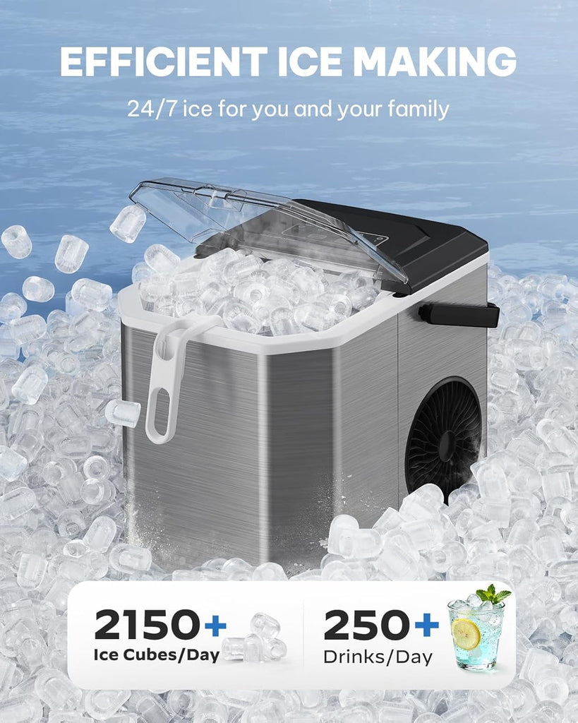 Ice Maker Countertop, Stainless Steel Portable Ice Machine with Carry Handle, Self-Cleaning Ice Makers with Basket