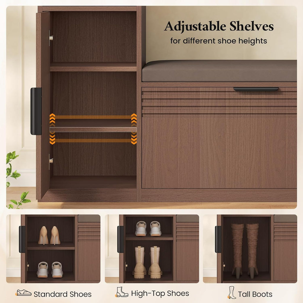 45.3" L-Shaped Storage Bench, Entryway Bench with Shoe Storage and Cushion, 3-Level Adjustable Shelves Flip Drawer &