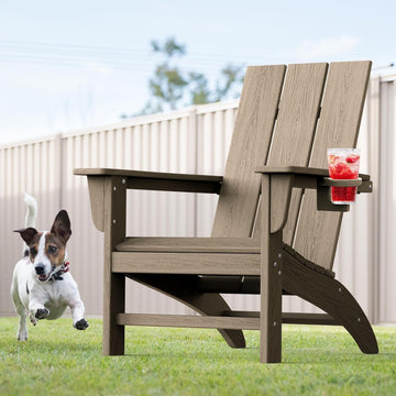 Modern Adirondack Chair with Cup Holder, HDPE Plastic Patio Chairs | Wood Texture Outdoor Chairs, Lawn Chairs for