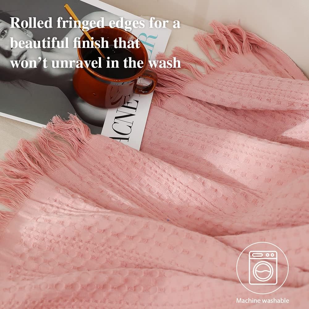 100% Cotton Throw Blanket, Waffle Weave Cable Knit Blanket with Tassels, Soft Lightweight Pre-Washed Breathable Cozy