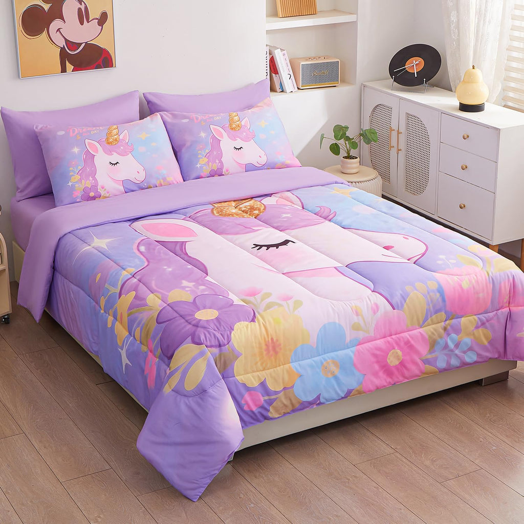 Comforter Set for Girls 5 Piece Unicorn Bedding Set for Girls Super Soft Microfiber Bed Set Bed in a Bag